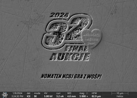 Logotype of the 32nd WOŚP Finale "sculpted with atoms" using FIB technique in silver heart >> probably the tiniest heart in the World !!!