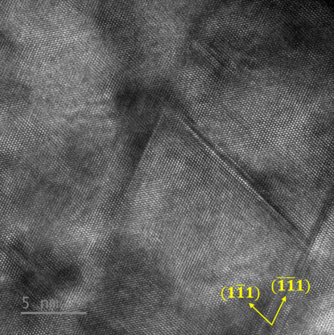 SFT on {111} planes observed along [011] FCC zone axis in the area below nanoindentation of HEA using high-resolution TEM (HRTEM) technique